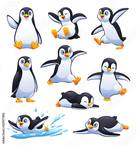 Set of cute penguins in various poses, including dancing, walking, and splashing snow. Vector cartoon illustrationa