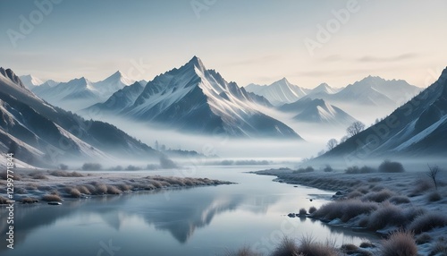 Wallpaper Mural mountains, snow, winter, landscape, mist, fog, serene, tranquil, scenic, frozen, icy, cold, peaceful, nature, wilderness, majestic, ethereal, atmospheric, dramatic, alpine, valley, river, lake,  Torontodigital.ca