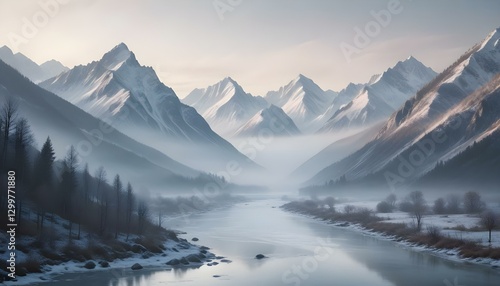 Wallpaper Mural mountains, snow, winter, landscape, mist, fog, serene, tranquil, scenic, frozen, icy, cold, peaceful, nature, wilderness, majestic, ethereal, atmospheric, dramatic, alpine, valley, river, lake,  Torontodigital.ca
