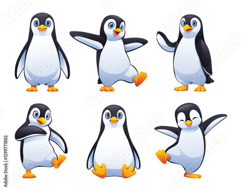 Set of cute penguins in playful, energetic poses, such as dancing and hopping, full of joy and expression. Vector cartoon illustration.