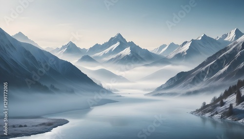 Wallpaper Mural mountains, snow, winter, landscape, mist, fog, serene, tranquil, scenic, frozen, icy, cold, peaceful, nature, wilderness, majestic, ethereal, atmospheric, dramatic, alpine, valley, river, lake,  Torontodigital.ca