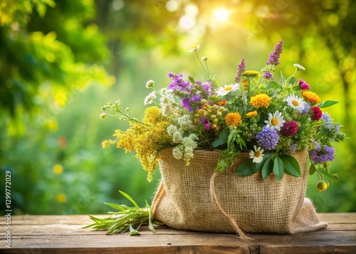 Wild Herb Bouquet in Canvas Bag - Rustic Green Background - Text Space