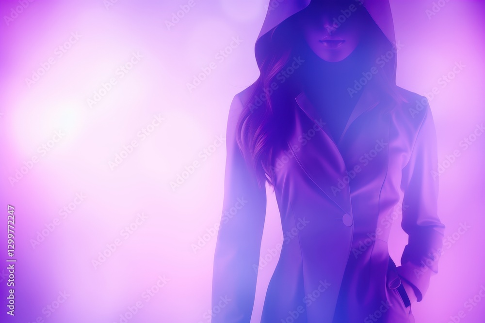 Obraz premium Mysterious woman in hooded coat amidst soft, ethereal background for fashion or atmospheric use