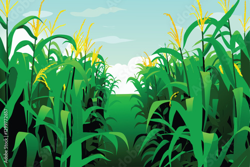 A sun-drenched, densely packed cornfield, showcasing tall, vibrant green stalks and golden, ripening ears of corn.