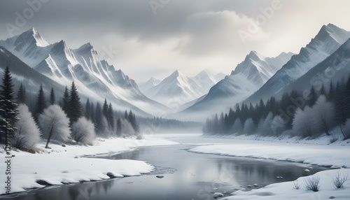 Wallpaper Mural mountains, snow, winter, landscape, mist, fog, serene, tranquil, scenic, frozen, icy, cold, peaceful, nature, wilderness, majestic, ethereal, atmospheric, dramatic, alpine, valley, river, lake,  Torontodigital.ca