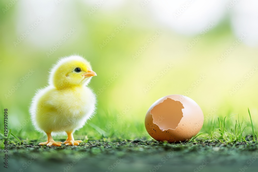 A bright yellow chick standing next to a cracked eggshell on fresh green grass. A bright yellow chick standing next to a cracked eggshell on fresh green grass.