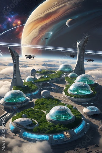 Futuristic Sky City with Green Domes and Distant Planet