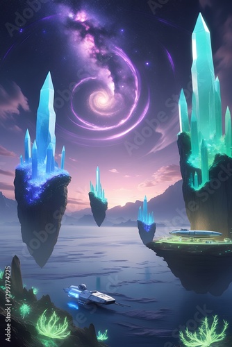Floating Crystal Islands in a Mystical Alien Seascape