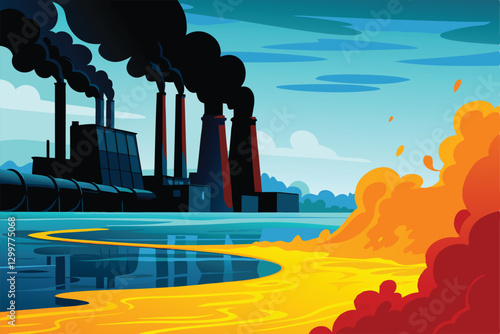 A factory illegally discharges noxious, vibrant green toxic waste into a polluted river, causing severe environmental damage.  Location (1) is unspecified.