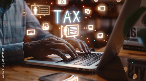 Person Filing Taxes Online Using a Laptop with Holographic Tax Symbols