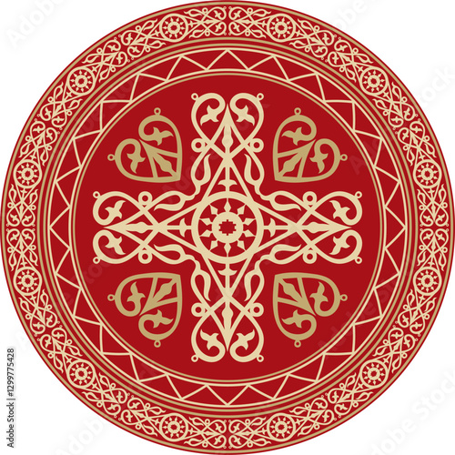 Vector golden and red round Yakut ornament. Endless circle, border, frame of the northern peoples of the Far East.