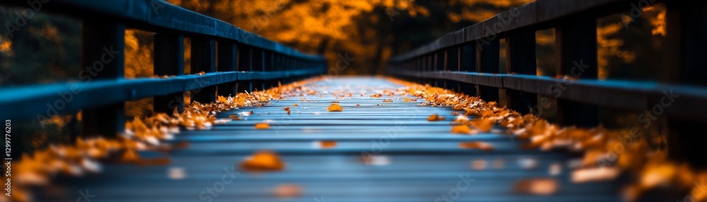 A long wooden walkway stretching into a forest filled with golden autumn leaves. A long wooden walkway stretching into a forest filled with golden autumn leaves.