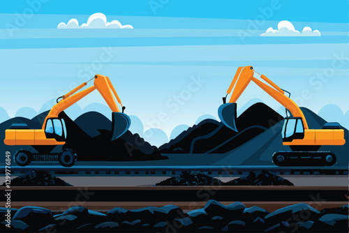 Create a flat design illustration of an active mining site featuring several excavators, conveying industrial activity.  Include detailed machinery and earthy tones.