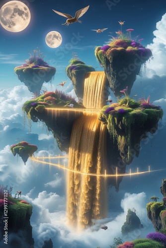 Fantasy Floating Islands: Golden Waterfall and Moonlit Cloudscape with Birds