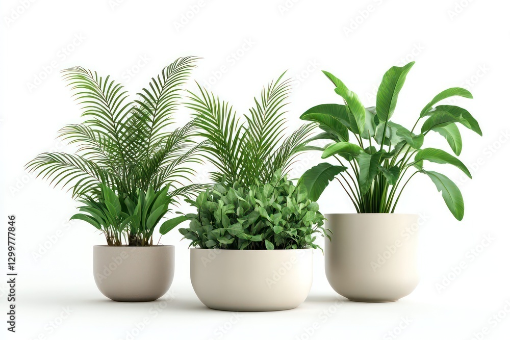 A clean and simple 3D illustration of lush green houseplants in decorative pots, isolated on a white background, showcasing modern indoor gardening. A clean and simple 3D illustration of lush green houseplants in decorative pots, isolated on a white background, showcasing modern indoor gardening.