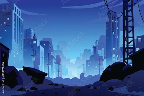 A desolate futuristic metropolis, choked by towering mountains of waste; decaying skyscrapers pierce a smog-filled sky. (1)
