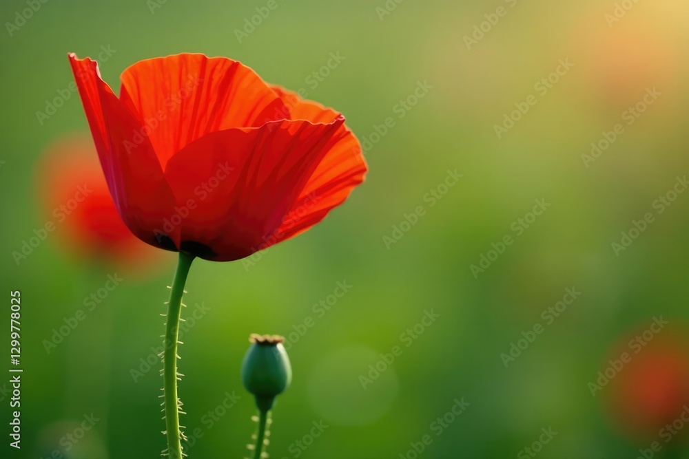 Obraz premium Single bright red poppy flower with tightly closed bud on a green stem, stem, flower
