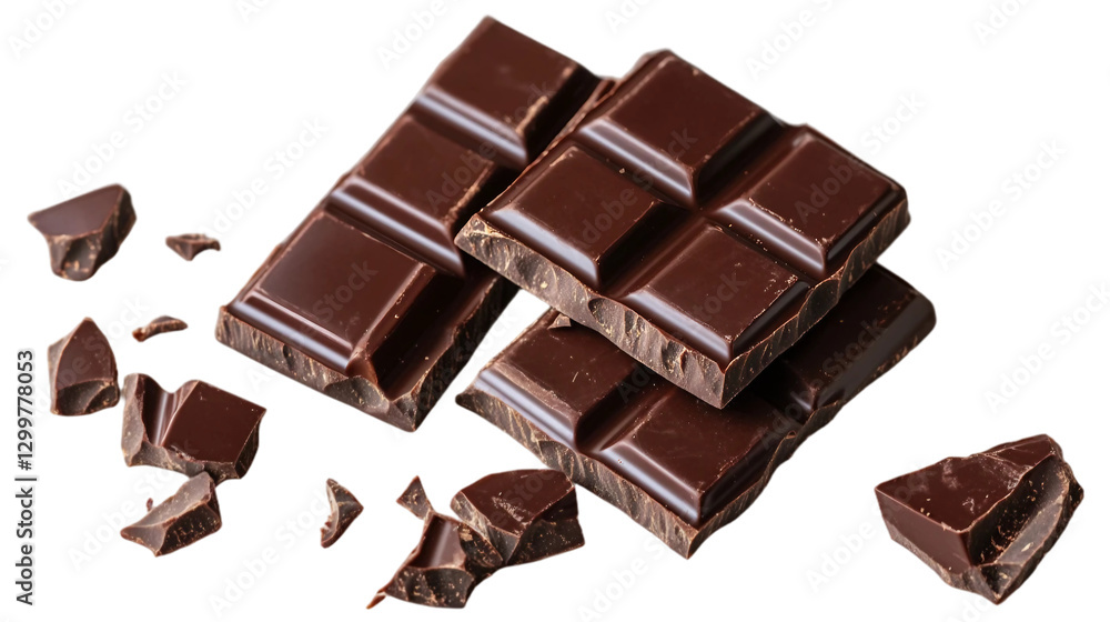 Rich, dark chocolate bars with smaller broken pieces scattered isolated on white background. Suitable for marketing or business purposes. PNG file Rich, dark chocolate bars with smaller broken pieces scattered isolated on white background. Suitable for marketing or business purposes. PNG file