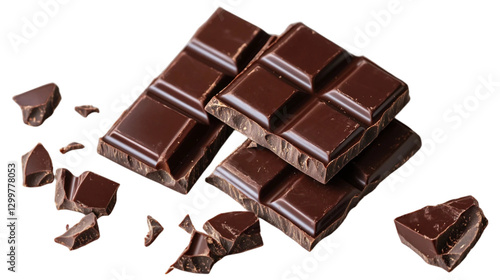 Rich, dark chocolate bars with smaller broken pieces scattered isolated on white background. Suitable for marketing or business purposes. PNG file