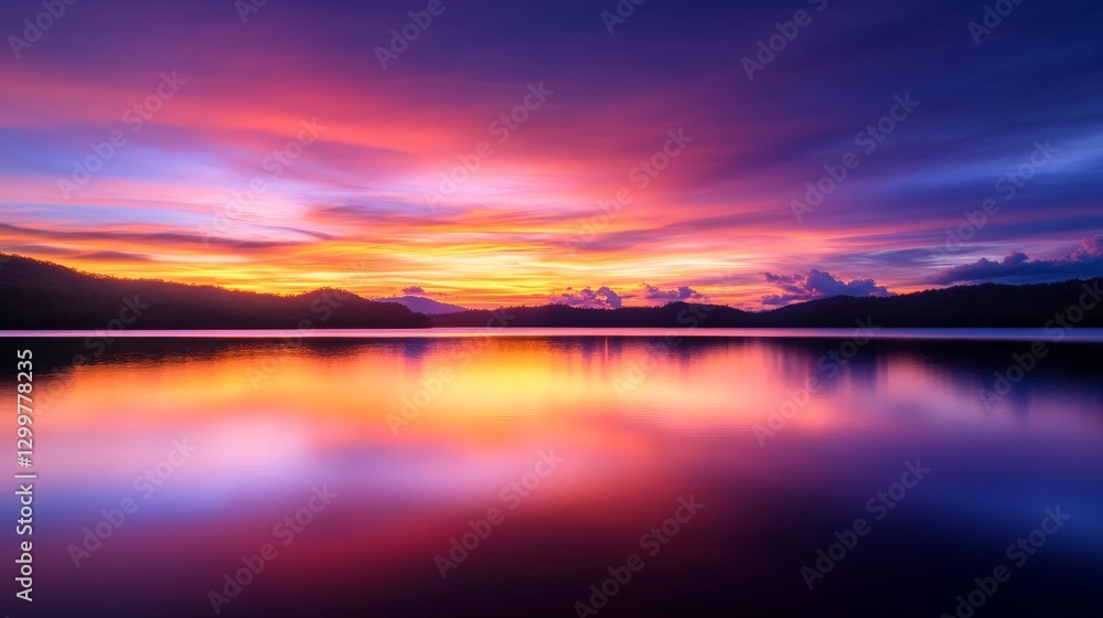 Naklejka premium A serene lake at sunset, with the sky reflecting vibrant hues of pink, purple, and gold in the still water.