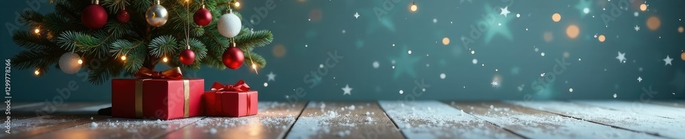 Simple winter scene featuring a small Christmas tree and a gift box on the floor, Winter scene, decoration, colors Simple winter scene featuring a small Christmas tree and a gift box on the floor, Winter scene, decoration, colors
