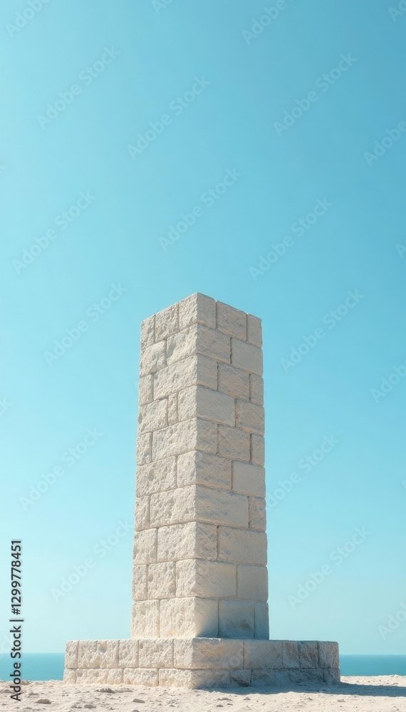 Simple rustic stone pillar against light blue sky, calm, serene, light blue Simple rustic stone pillar against light blue sky, calm, serene, light blue