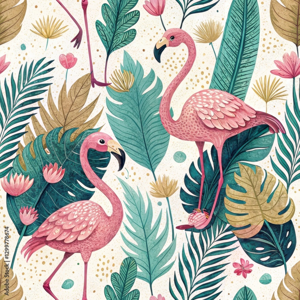 Naklejka premium Seamless Tropical Flamingo Pattern Lush Garden Digital Artwork Vibrant Environment Aerial View Nature Concept