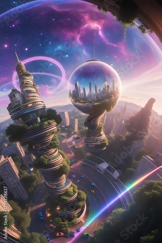 Futuristic Cityscape: Orbital Sphere with Urban Reflection in Sci-Fi Metropolis