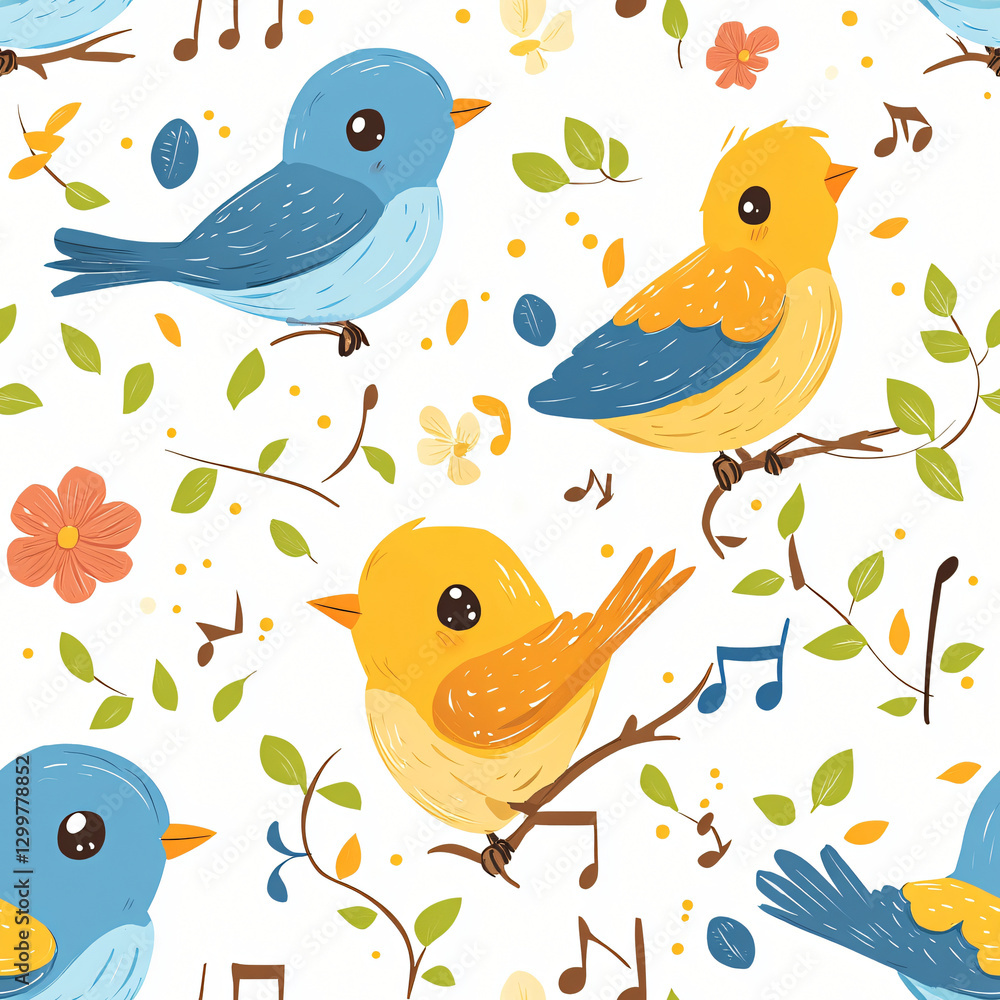 Delightful pattern of birds perched on a branch surrounded by leaves in a beautifully illustrated nature scene Delightful pattern of birds perched on a branch surrounded by leaves in a beautifully illustrated nature scene