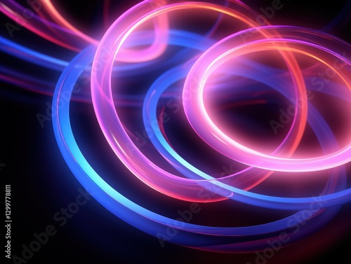 Neon glowing rings over black backdrop, used for graphic design to create a digital look