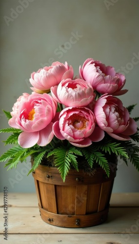 Wallpaper Mural Pink peony bouquet in a large wooden basket filled with ferns and moss, peonies, ferns Torontodigital.ca