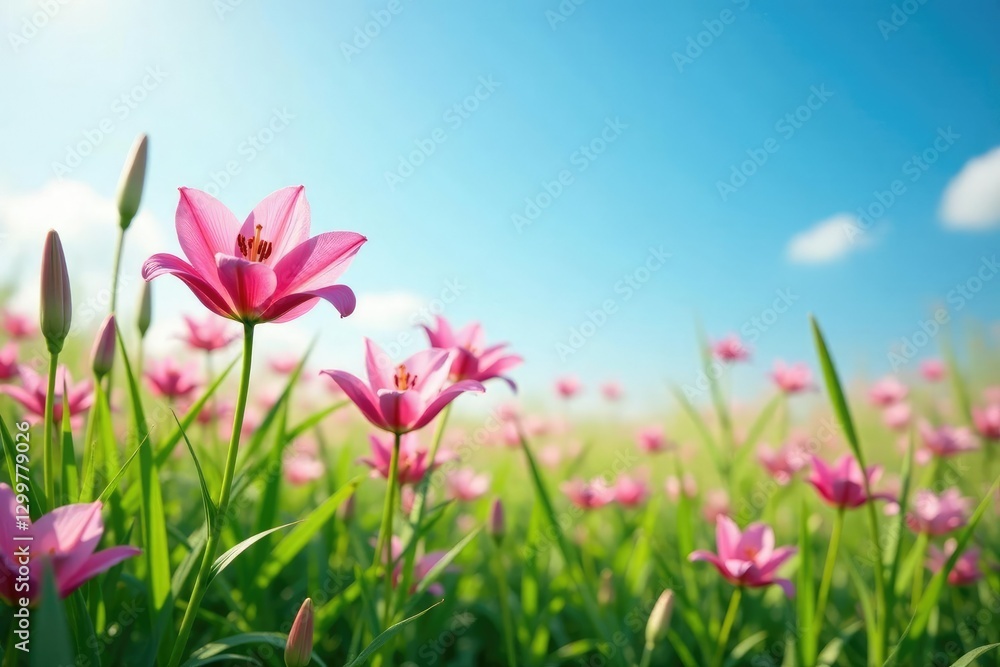 Pink lily blooms scattered throughout a green meadow under blue sky, nature, colors, floral Pink lily blooms scattered throughout a green meadow under blue sky, nature, colors, floral