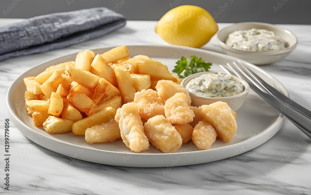 Crispy Fried Fish Bites with French Fries and Tartar Sauce Crispy Fried Fish Bites with French Fries and Tartar Sauce