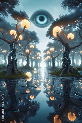 Surreal mystical forest with glowing trees and giant eye reflected in water