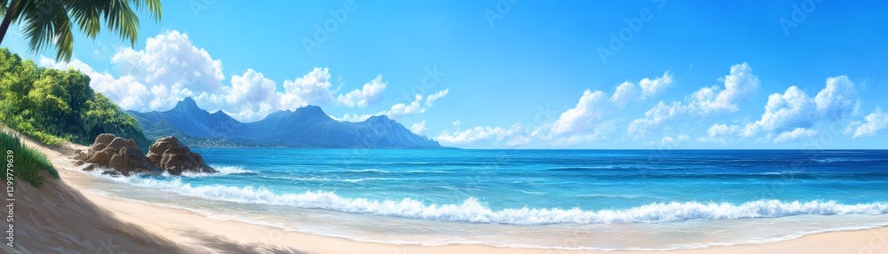 A tranquil beach scene with gentle waves lapping at the shore, the sky painted in soft pastels. A tranquil beach scene with gentle waves lapping at the shore, the sky painted in soft pastels.