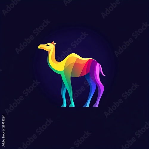 Vibrant Rainbow Camel Silhouette Against a Dark Blue Background. A Captivating Design photo