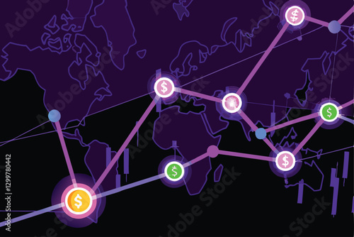 Vivid neon nodes and lines forming a complex financial network, glowing brightly against a dark background.  Illustrate intricate connections and data flow.