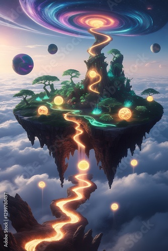 Floating Fantasy Island with Magical Pathways 