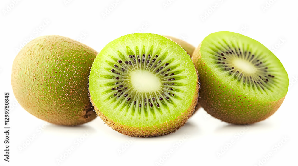 Close Up of Fresh Kiwi Fruit Showing Green Flesh Brown Skin and Tiny Black Seeds on White Background Close Up of Fresh Kiwi Fruit Showing Green Flesh Brown Skin and Tiny Black Seeds on White Background
