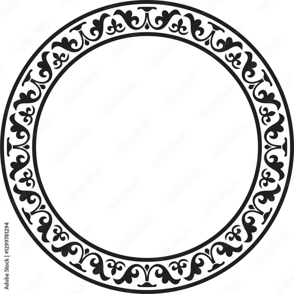 Vector black monochrome stencil round classic byzantine ornament. Circle, ring, border, Ancient Greece, Eastern Roman Empire frame. Decoration of the Russian Orthodox Church Vector black monochrome stencil round classic byzantine ornament. Circle, ring, border, Ancient Greece, Eastern Roman Empire frame. Decoration of the Russian Orthodox Church
