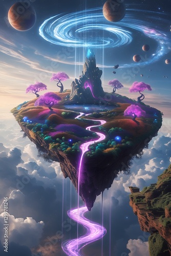 Mystical floating island with glowing purple waterfall and celestial sky