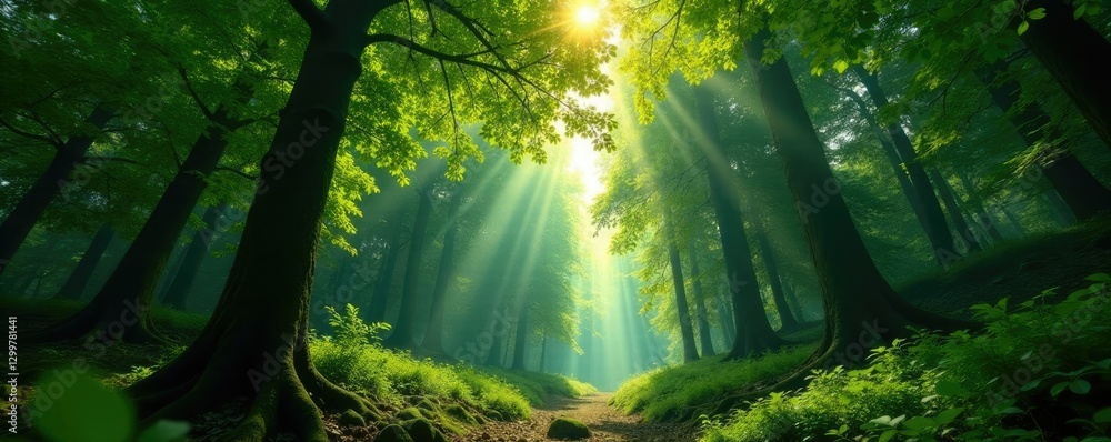 Obraz premium Lush forest canopy overhead sunlight filtering through, forest, light