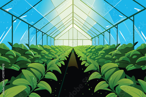 Lush green plants thrive in a vibrant commercial greenhouse, rows of healthy foliage under glass.