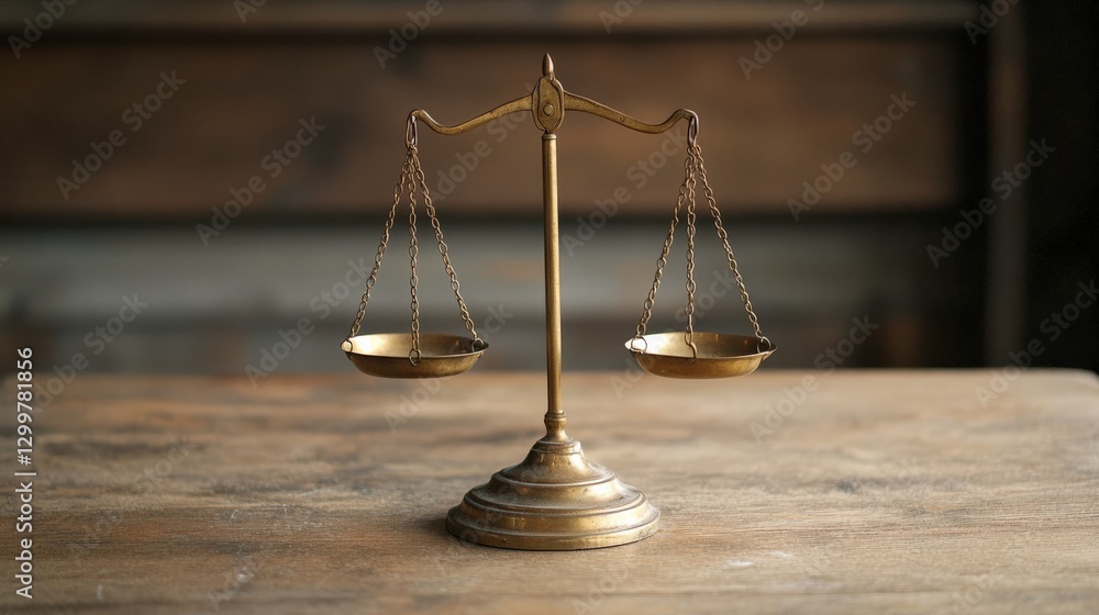An elegant brass balance scale standing on a polished wooden desk, symbolizing justice and fairness. An elegant brass balance scale standing on a polished wooden desk, symbolizing justice and fairness.