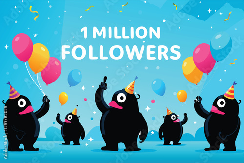 Joyful, grotesque monsters, diverse designs, party hats, confetti,  celebrate achieving one million units sold.  A celebratory monster milestone.