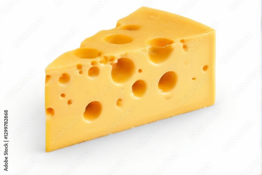 Yellow cheese block with evenly spaced holes, various sizes, standing upright on white background Yellow cheese block with evenly spaced holes, various sizes, standing upright on white background