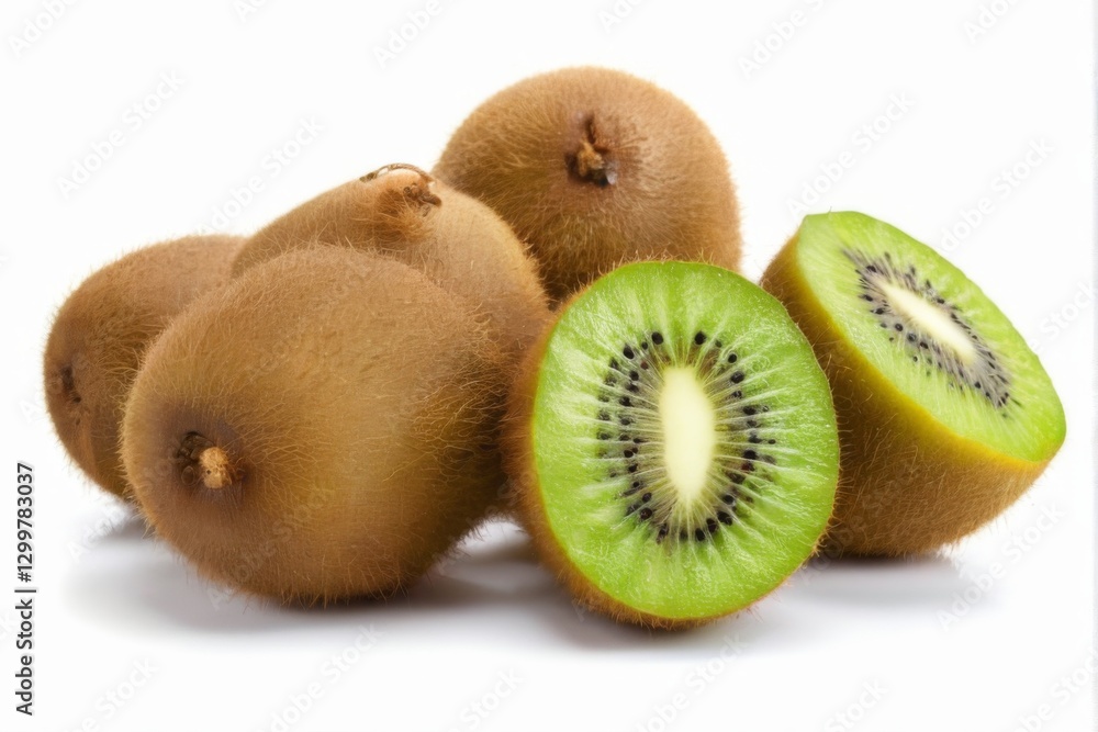 Obraz premium Fresh and Healthy Kiwi Fruits Arranged in Pyramid Formation on White Background, Whole and Halved with Seeds Visible.