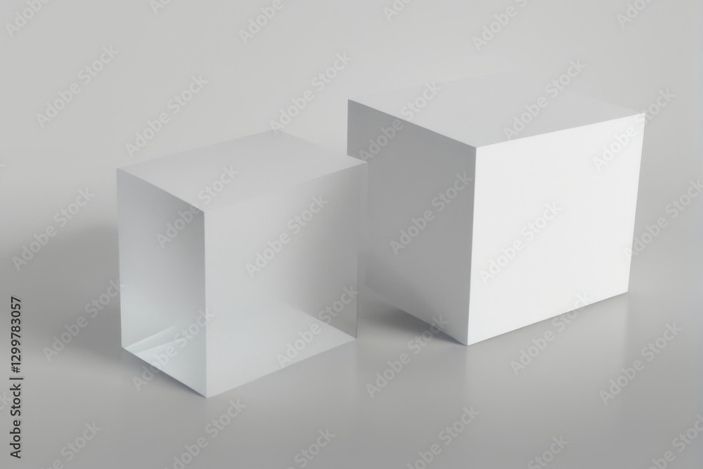 White cubes in 3D rendering on gray background, one slightly larger, facing each other, creating depth and dimension. White cubes in 3D rendering on gray background, one slightly larger, facing each other, creating depth and dimension.