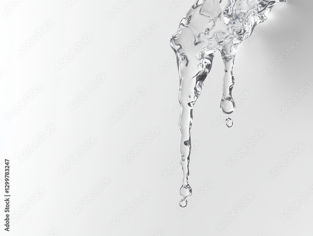 Abstract Water Flow: Close-up of a Pouring Stream with Droplets on White Background Abstract Water Flow: Close-up of a Pouring Stream with Droplets on White Background