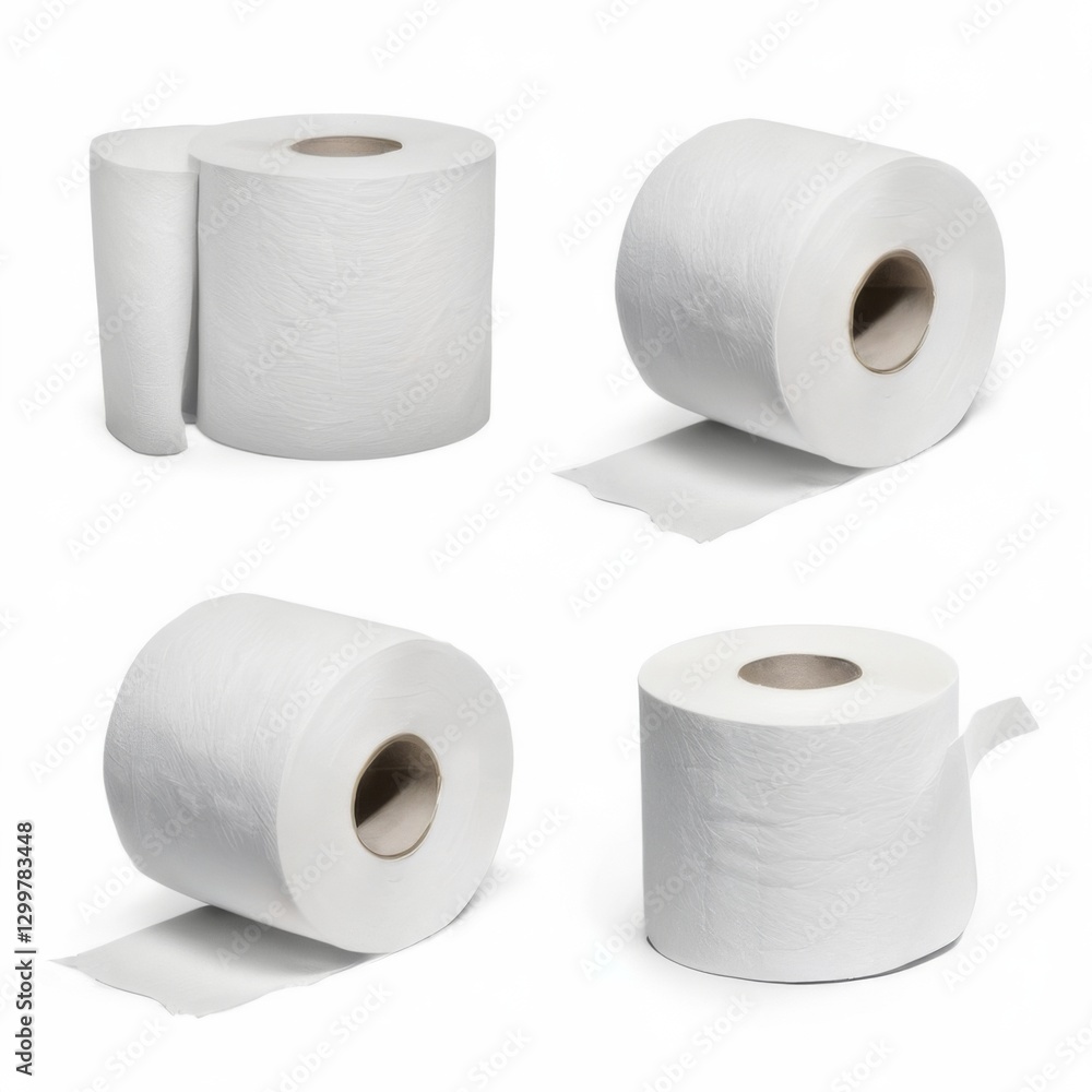 Soft white toilet paper rolls with center holes in varying sizes standing upright on white background. Soft white toilet paper rolls with center holes in varying sizes standing upright on white background.